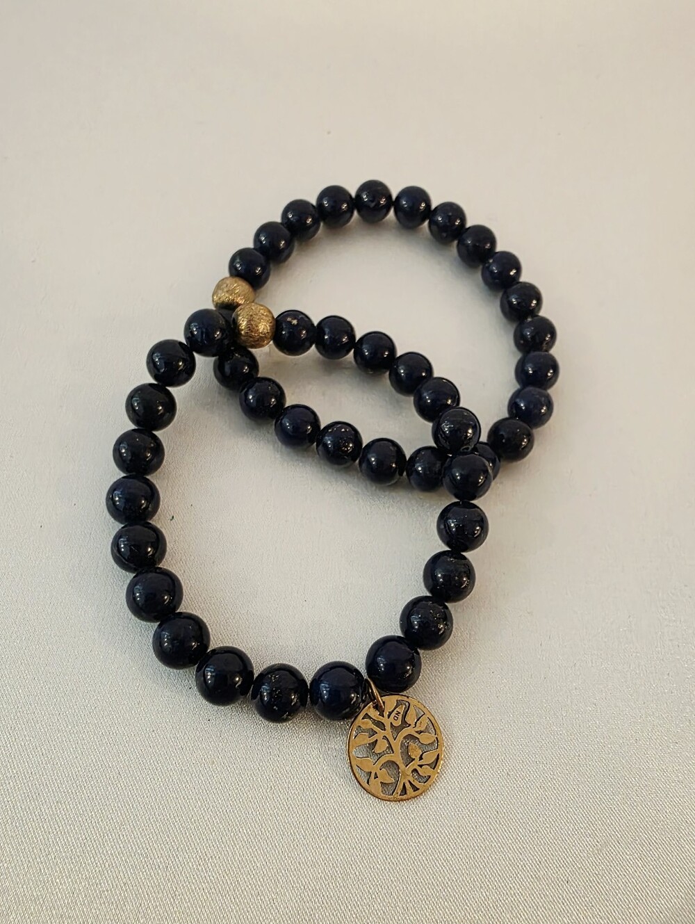 Navy Gold Gemstone Beaded Bracelet With One Tree Of Life Charm, Set of 2, New
